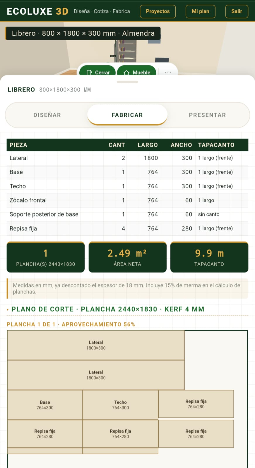 Tabla de despiece con las piezas a cortar